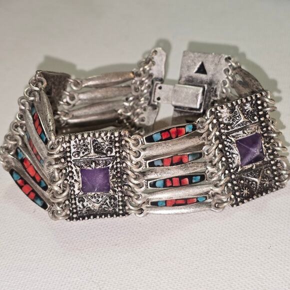 Lucky brand Silver Geometric Aztec Tribal Statement Bracelet - Picture 1 of 8